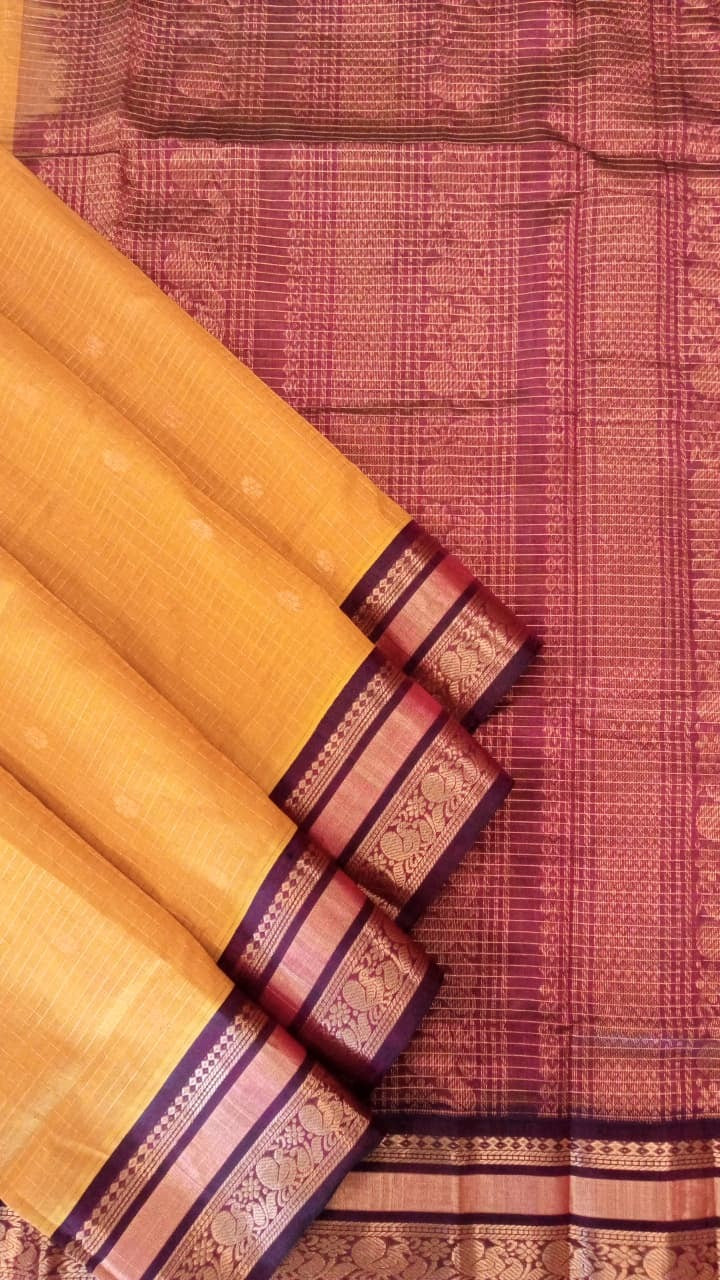 Silk Cotton Saree - Yellow with Purple Zari Border