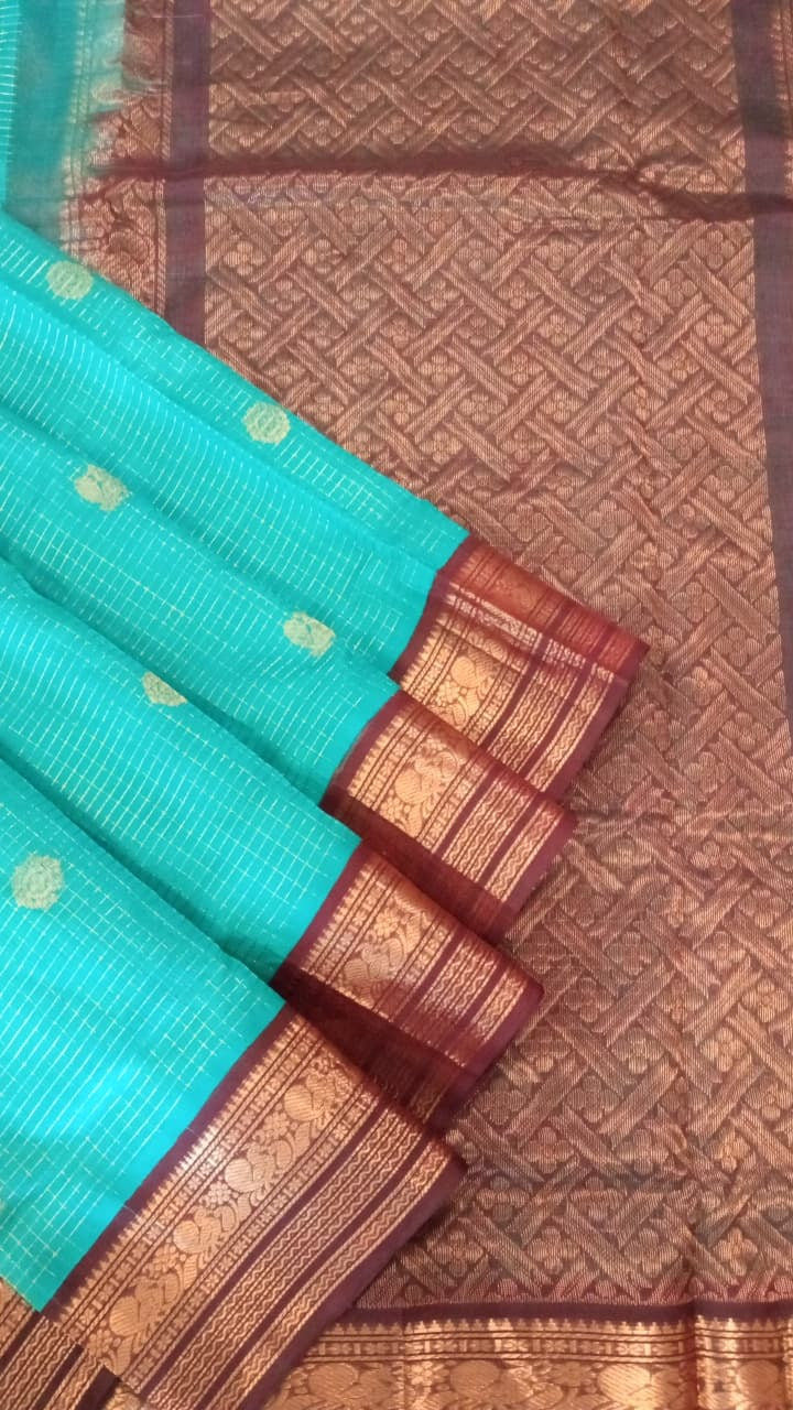 Silk Cotton Saree - Turquoise with Zari Border