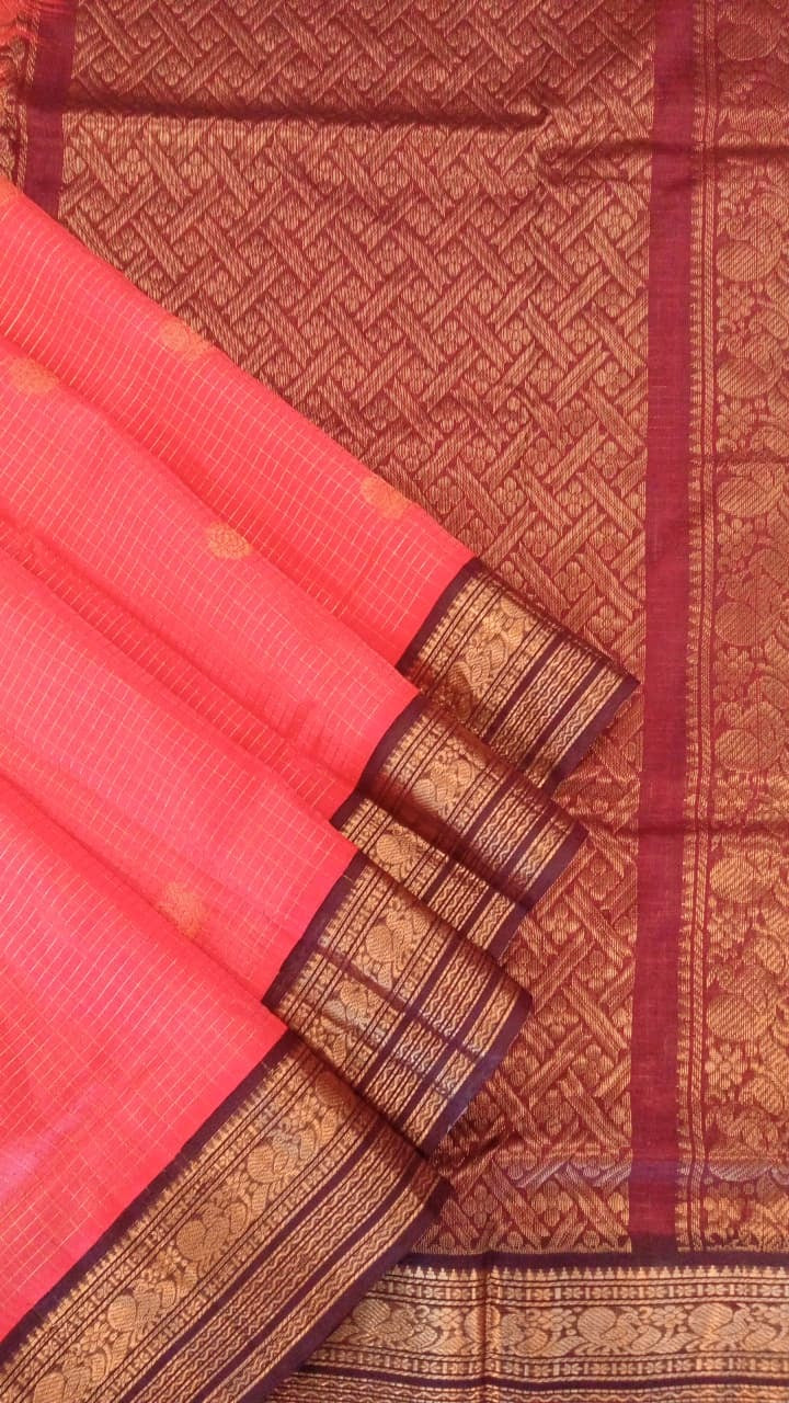 Silk Cotton Saree - Pink with Dark Maroon Zari Border