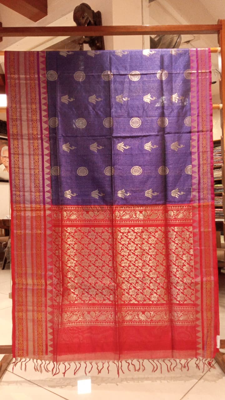 Royal Blue & Red Silk Cotton Saree with Gold Zari Motifs