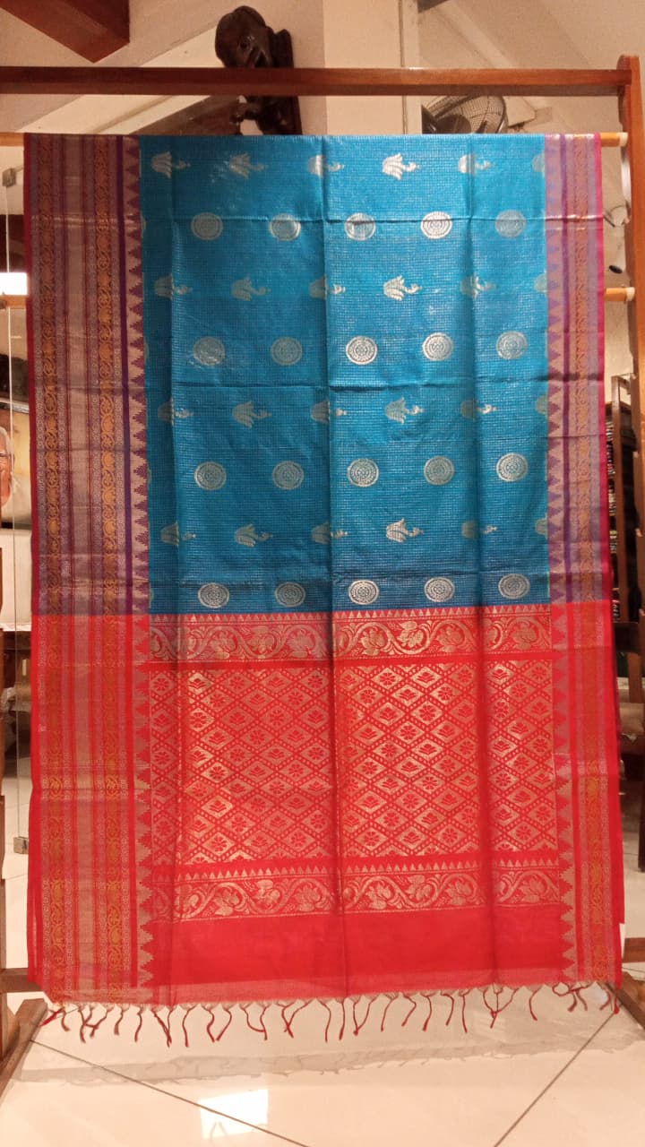 Teal Blue & Red Silk Cotton Saree with Gold Zari Motifs