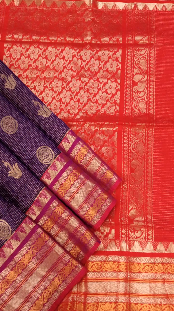 Royal Blue & Red Silk Cotton Saree with Gold Zari Motifs