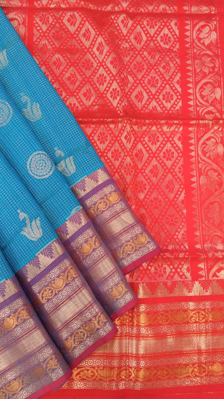 Teal Blue & Red Silk Cotton Saree with Gold Zari Motifs