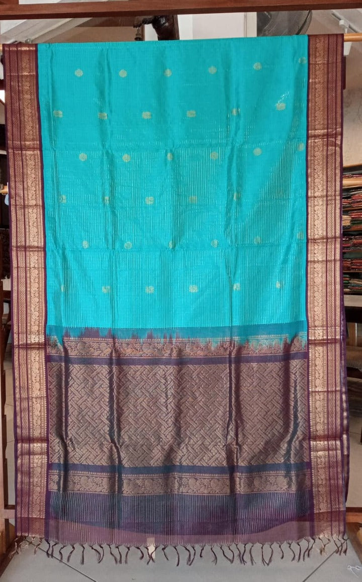 Silk Cotton Saree - Turquoise with Zari Border