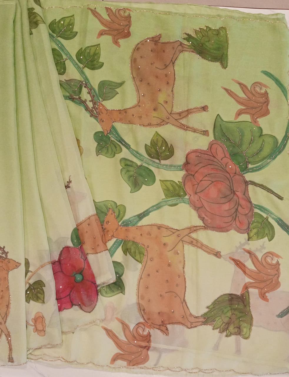Pista Green Chiffon Saree - Deer & Pomegranate Printed
