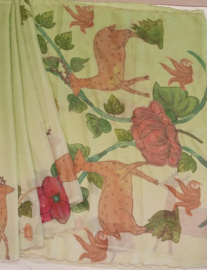 Pista Green Chiffon Saree - Deer & Pomegranate Printed