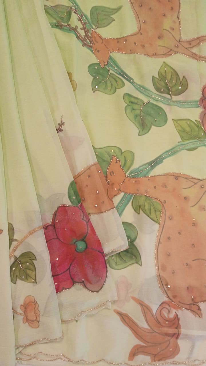 Pista Green Chiffon Saree - Deer & Pomegranate Printed