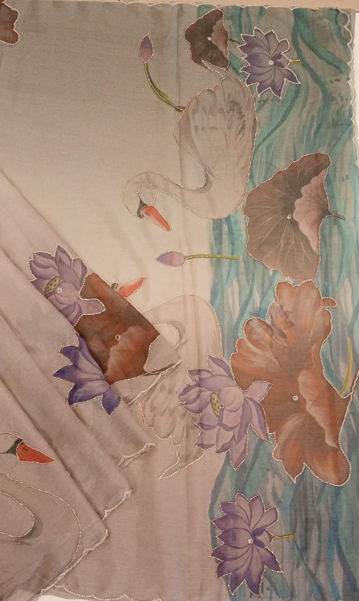 Lavender Chiffon Saree - Swan & Lotus Printed
