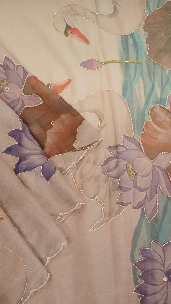Lavender Chiffon Saree - Swan & Lotus Printed
