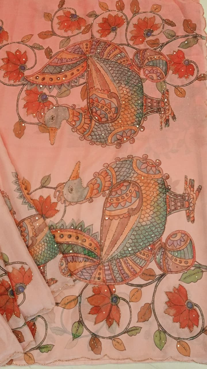 Peach Pink Chiffon Saree | Printed Kalamkari Peacock Motifs