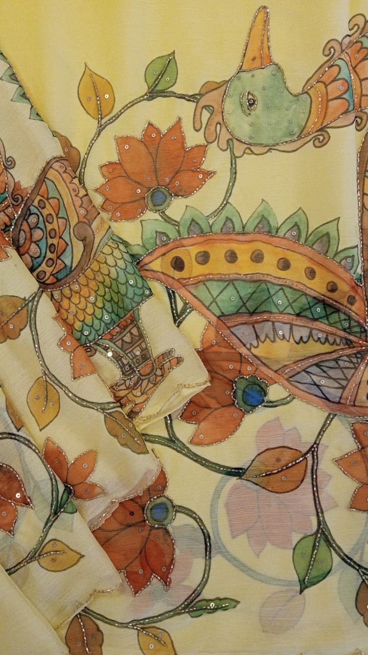 Lemon Yellow Chiffon Saree | Printed  Kalamkari Motifs