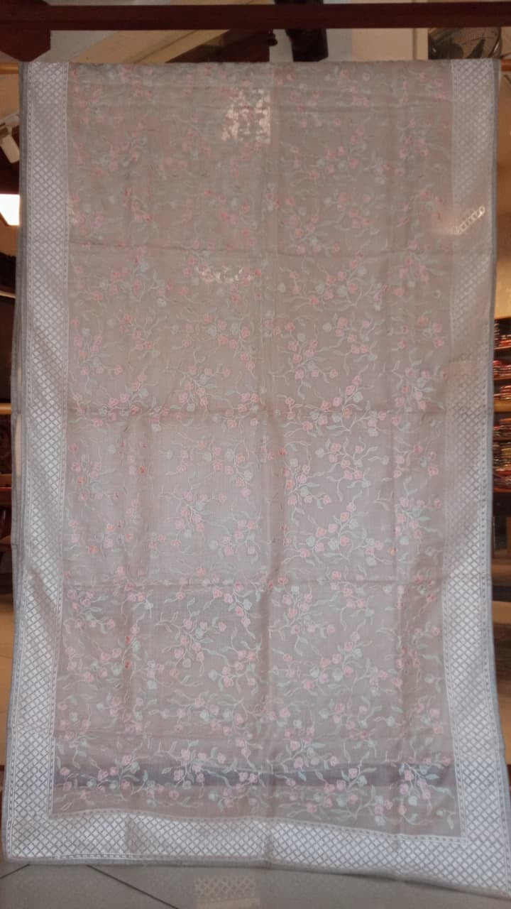 Grey Silk Kota Thread Work Embroidery Saree