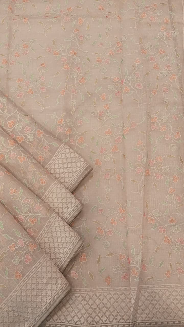 Grey Silk Kota Thread Work Embroidery Saree