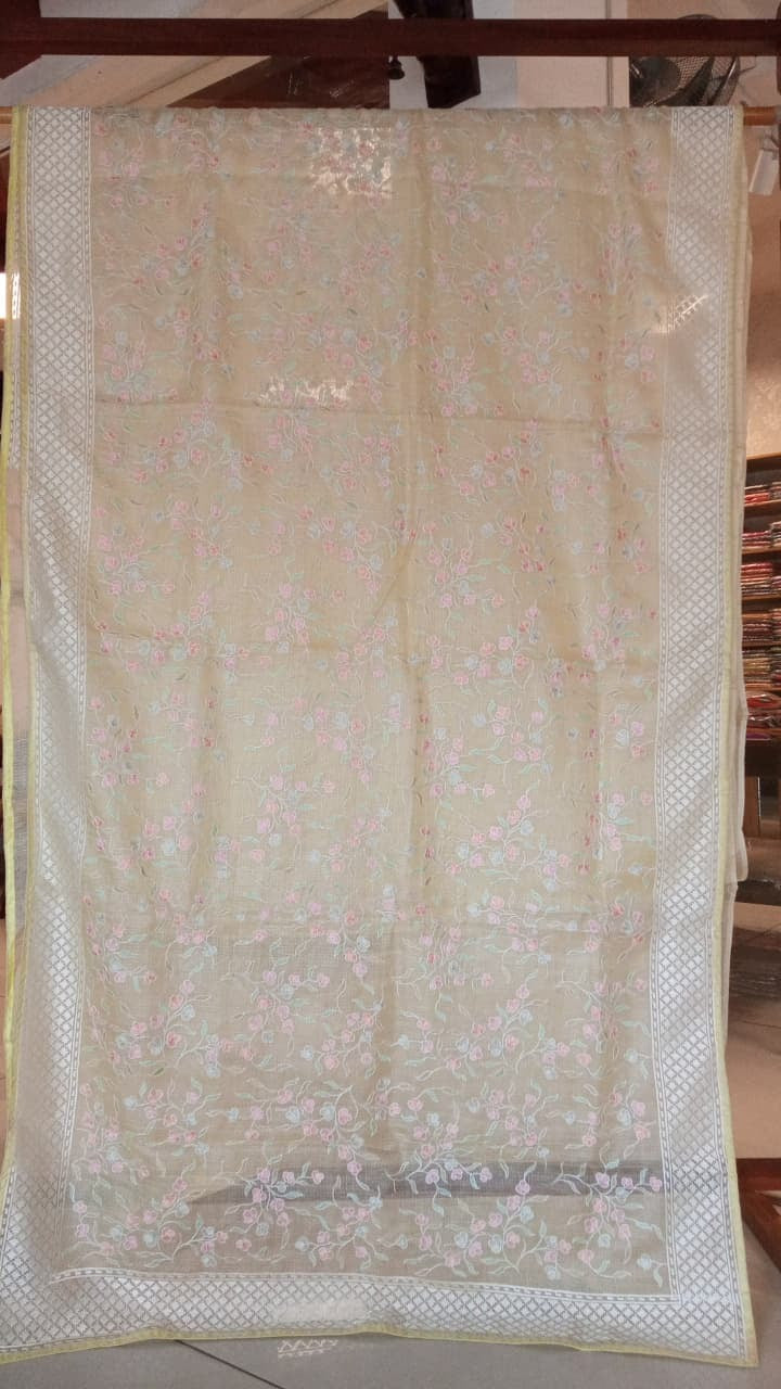Lemon Yellow Silk Kota Thread Work Embroidery Saree