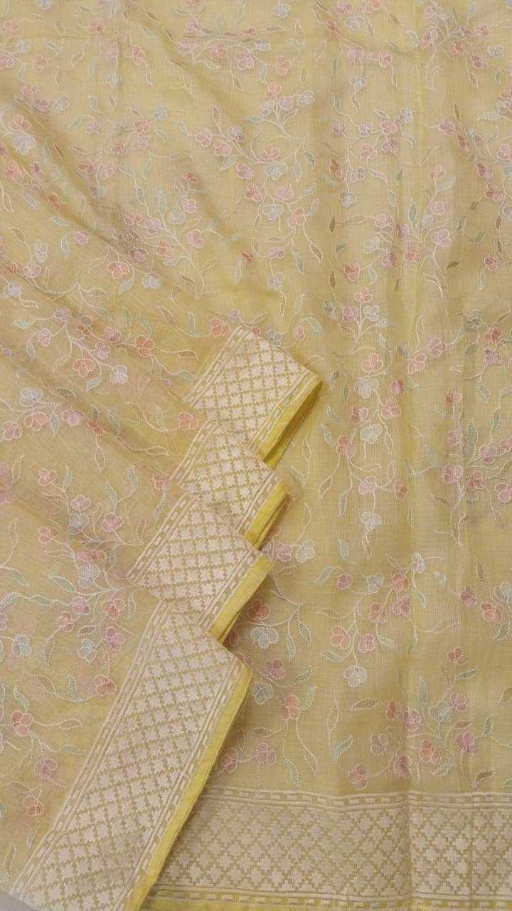 Lemon Yellow Silk Kota Thread Work Embroidery Saree
