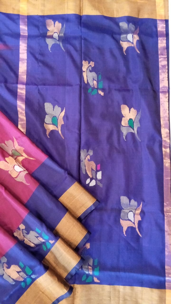 Navy Blue Uppada Silk Saree with Silver Zari Pallu