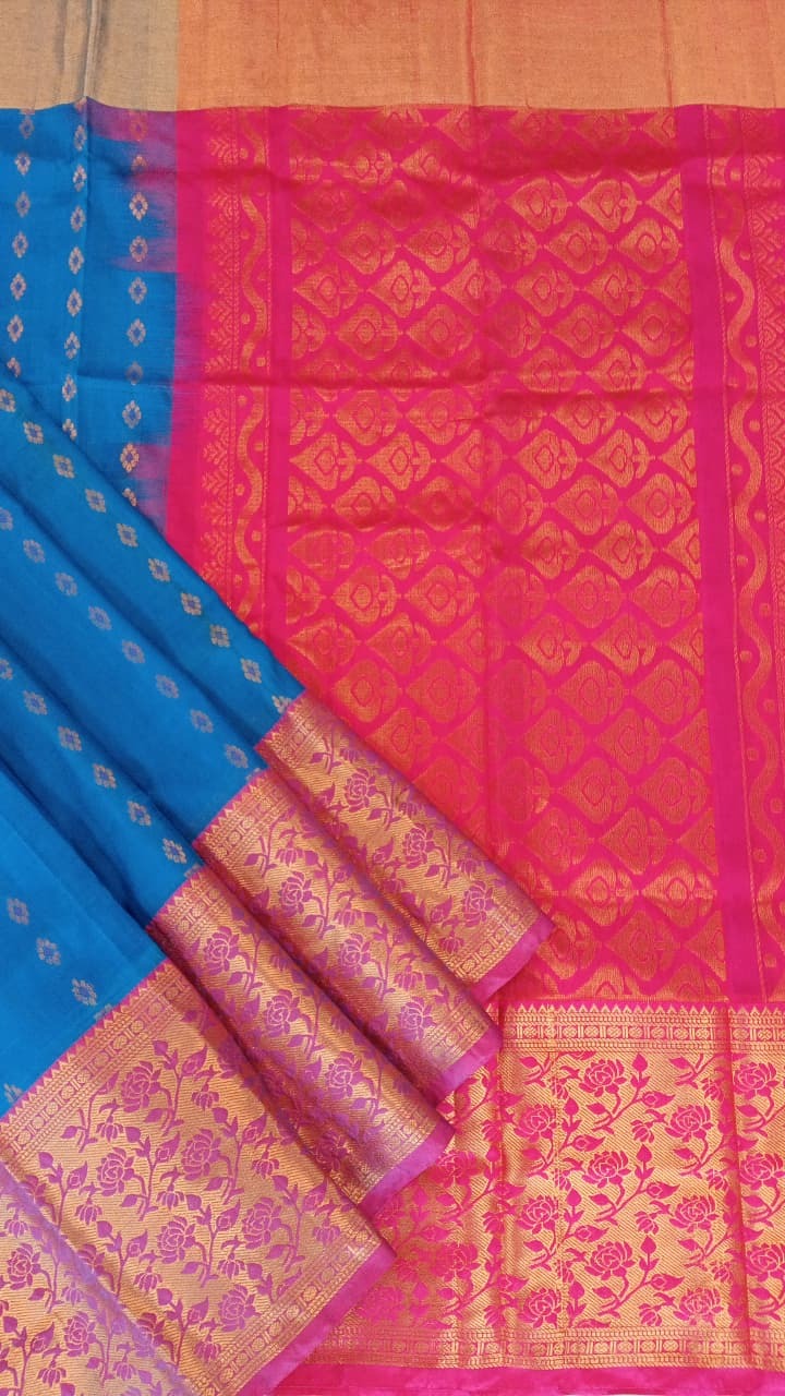 Blue & Pink Uppada Silk Saree with Heavy Zari Pallu