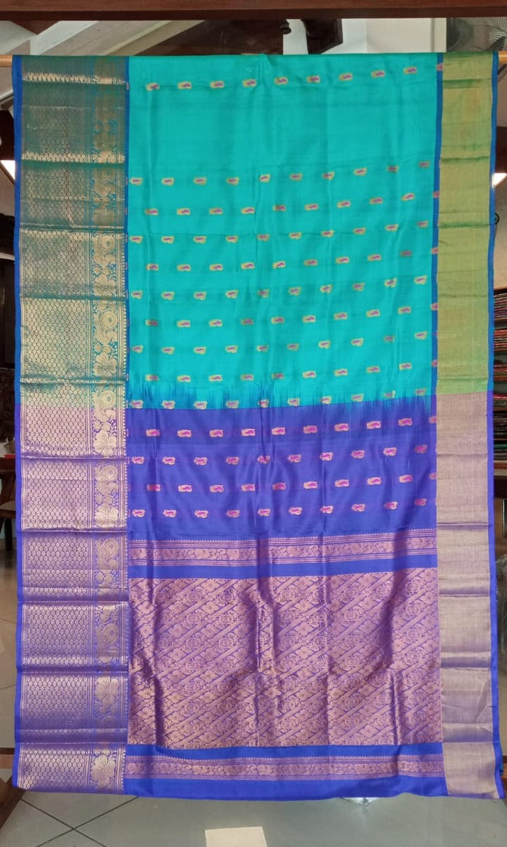 Sea Green & Blue Uppada Silk Saree with Purple Zari Pallu