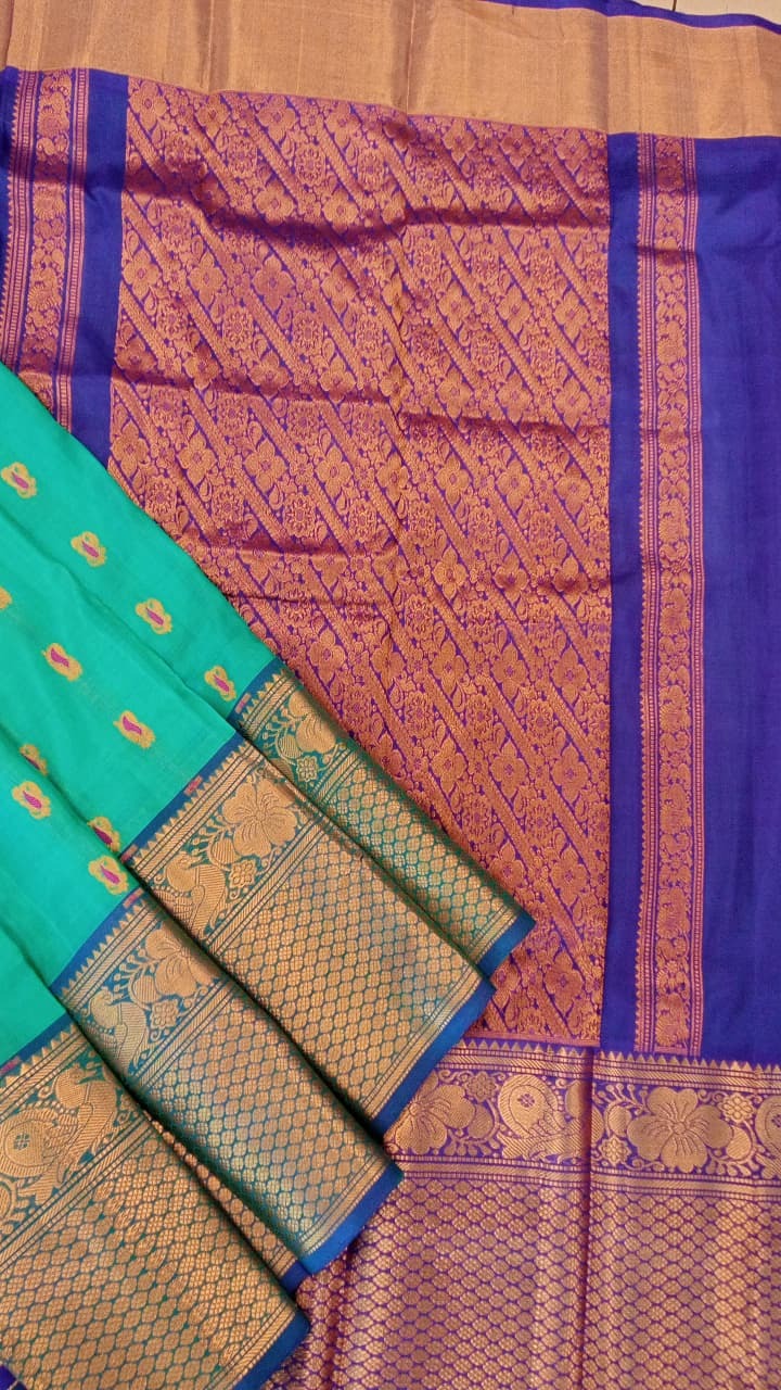 Sea Green & Blue Uppada Silk Saree with Purple Zari Pallu