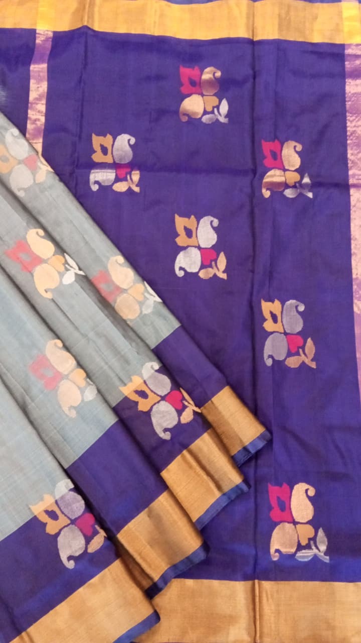 Grey & Blue Uppada Silk Jamdani Saree
