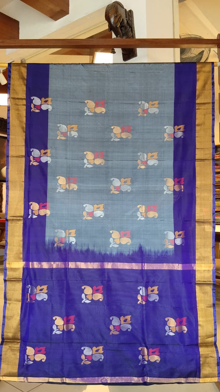 Grey & Blue Uppada Silk Jamdani Saree