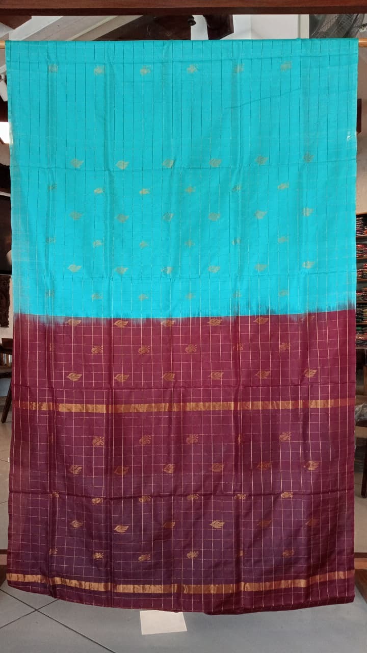 Sky Blue & Maroon Uppada Silk Saree with Zari Checks