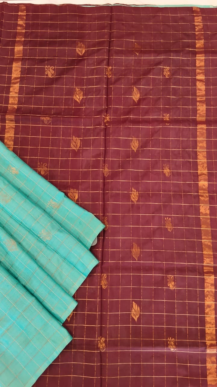 Sky Blue & Maroon Uppada Silk Saree with Zari Checks