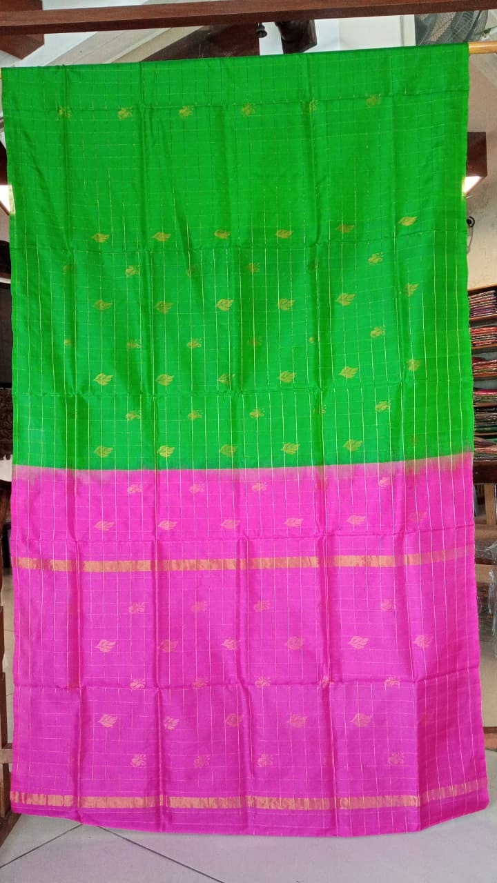 Light Green & Pink Uppada Silk Saree with Zari Checks