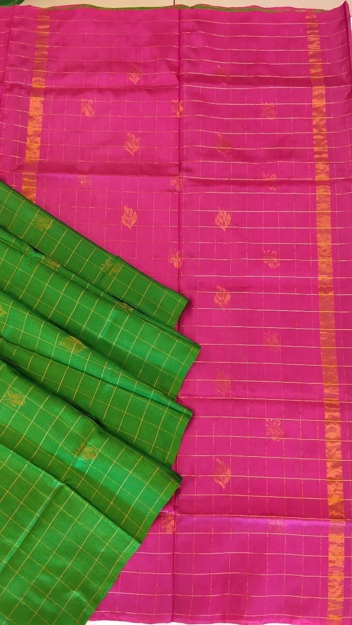Light Green & Pink Uppada Silk Saree with Zari Checks