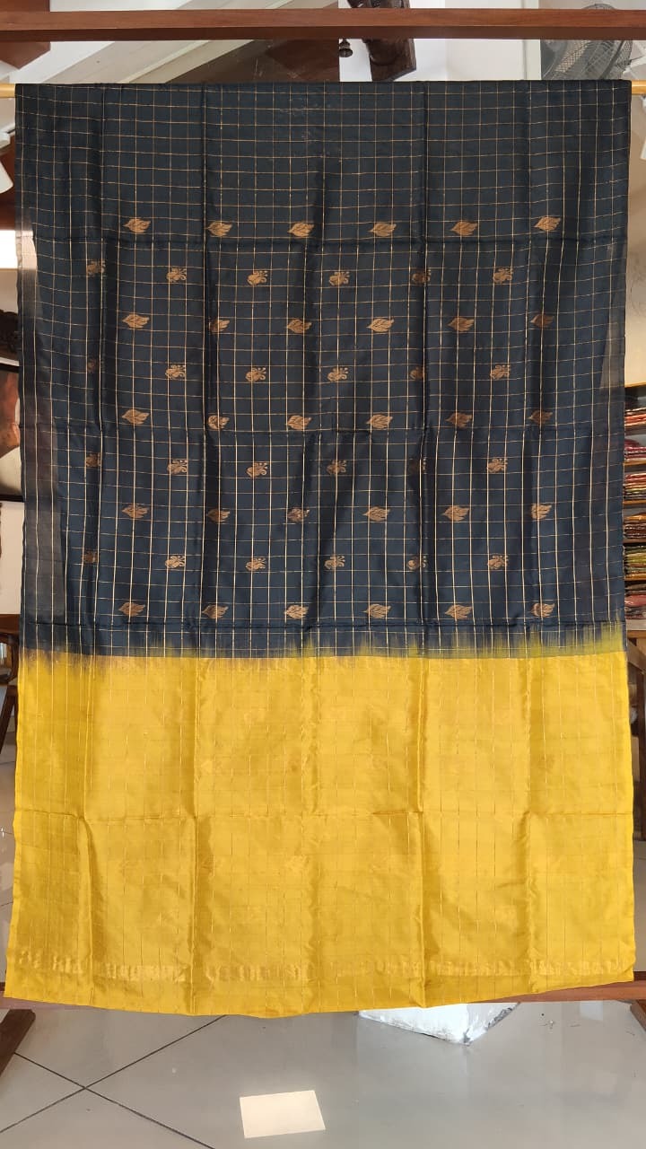 Black & Mustard Yellow Uppada Silk Saree with Zari Checks