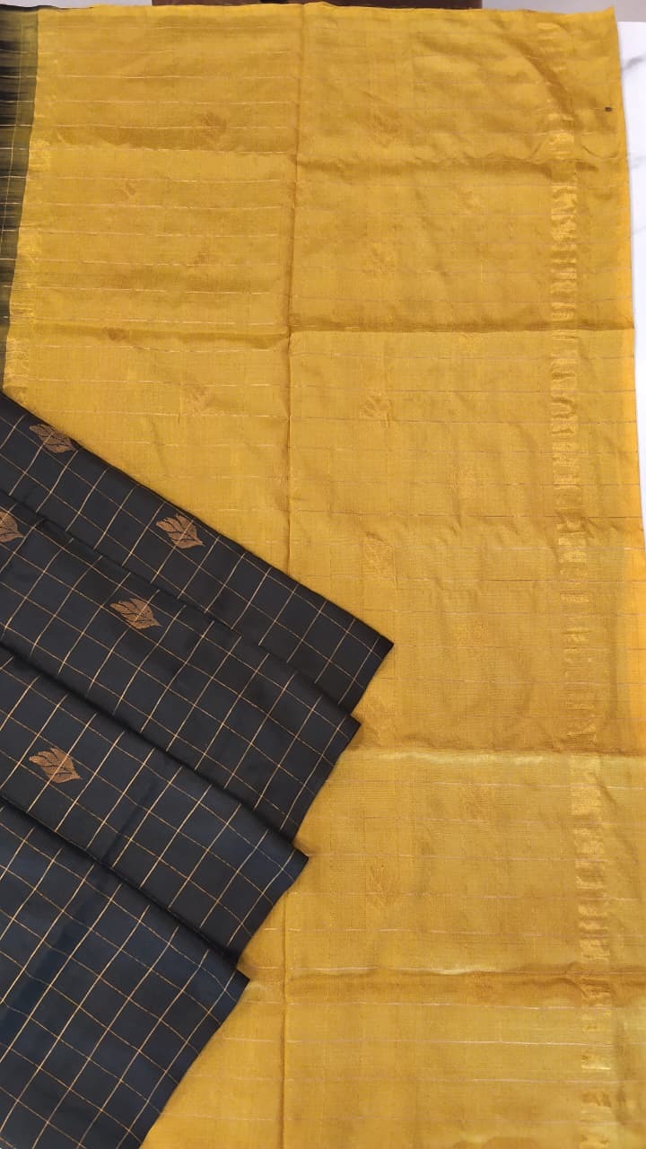 Black & Mustard Yellow Uppada Silk Saree with Zari Checks