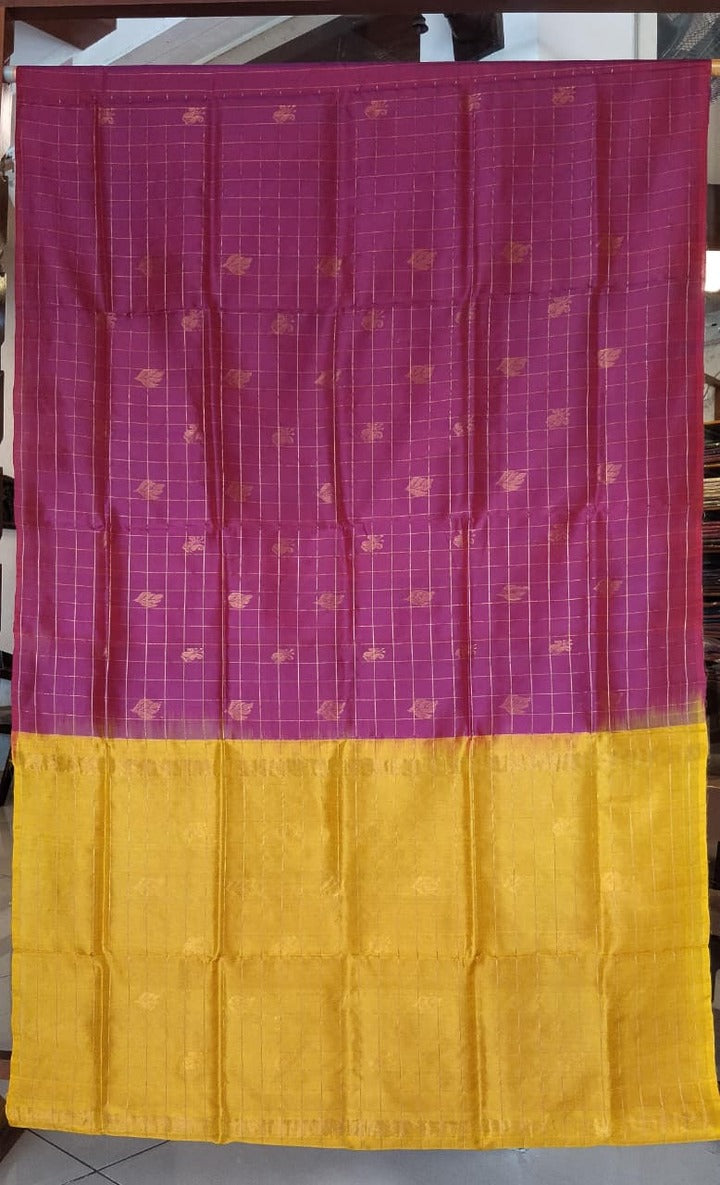 Magenta & Yellow Uppada Silk Saree with Zari Checks