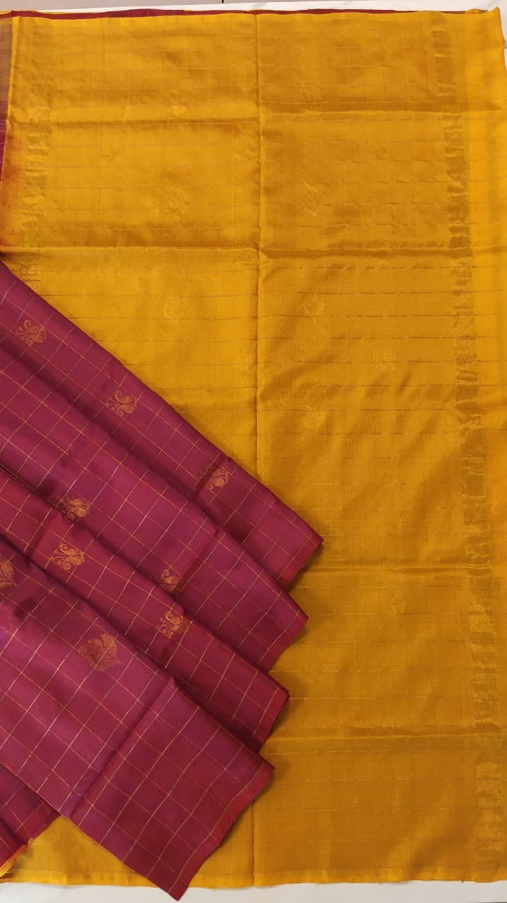 Magenta & Yellow Uppada Silk Saree with Zari Checks