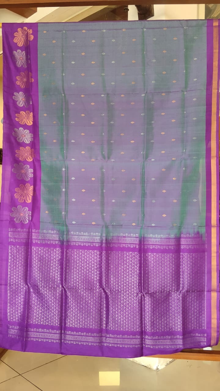 Lavender Green & Purple Uppada Silk Saree with Heavy Zari Pallu