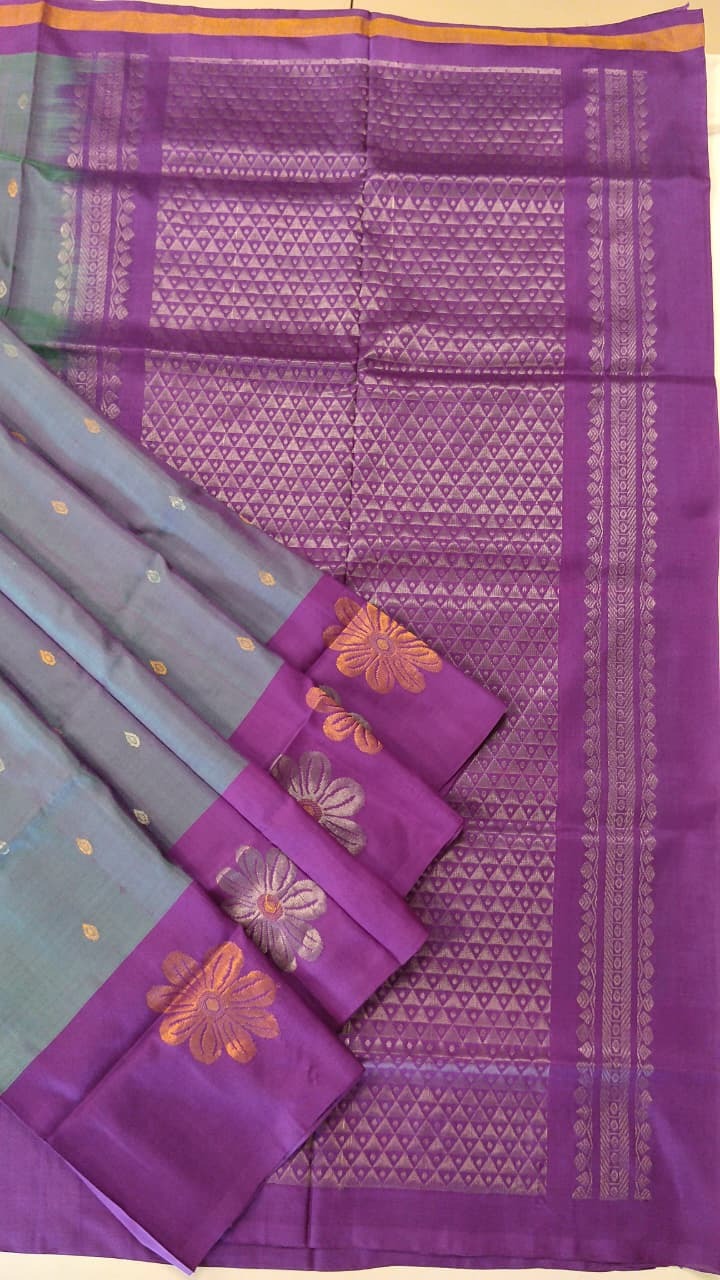 Lavender Green & Purple Uppada Silk Saree with Heavy Zari Pallu