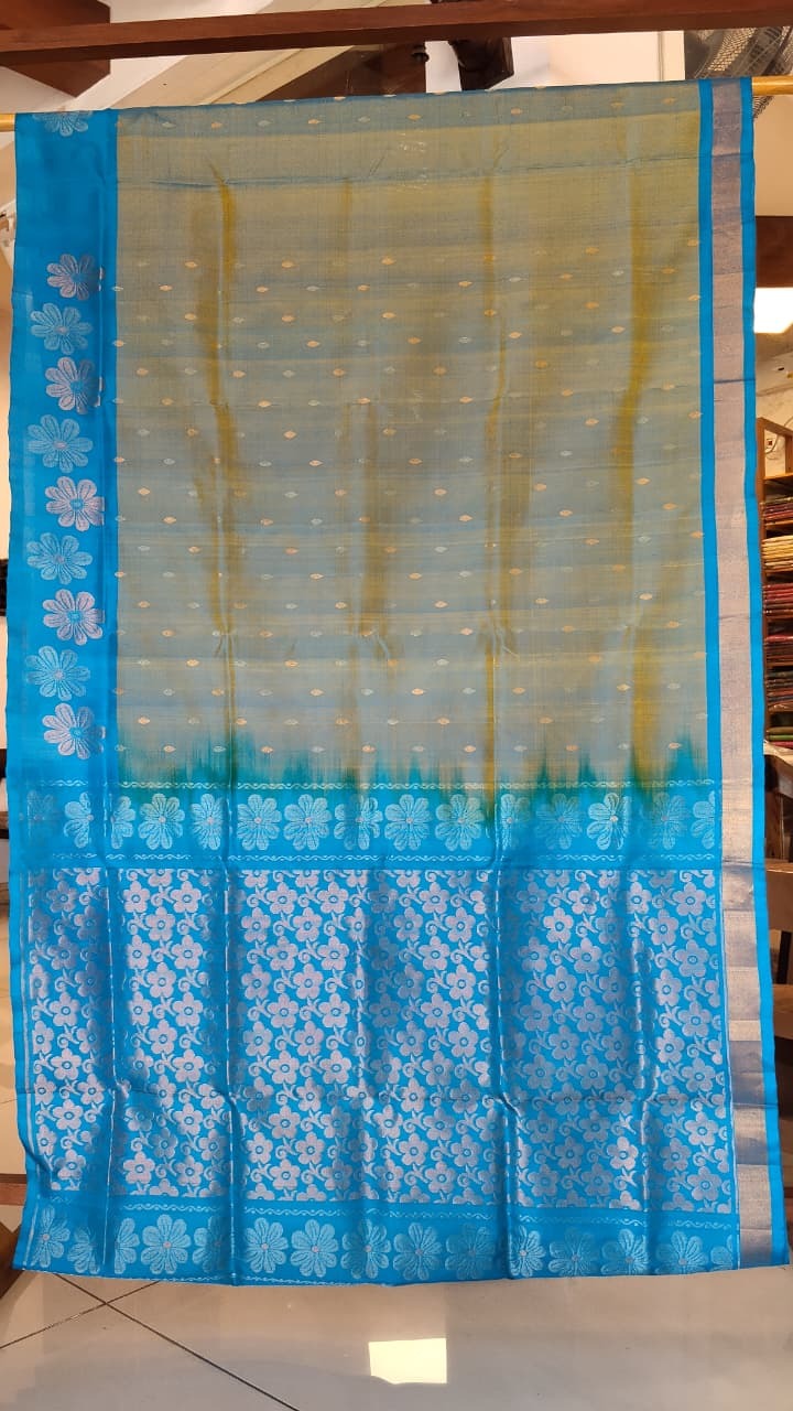 Gold & Turquoise Blue Uppada Silk Saree with Floral Zari Pallu