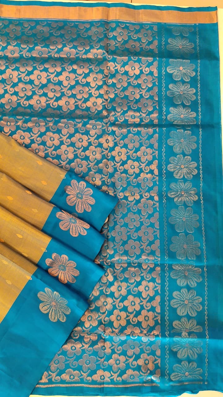 Gold & Turquoise Blue Uppada Silk Saree with Floral Zari Pallu