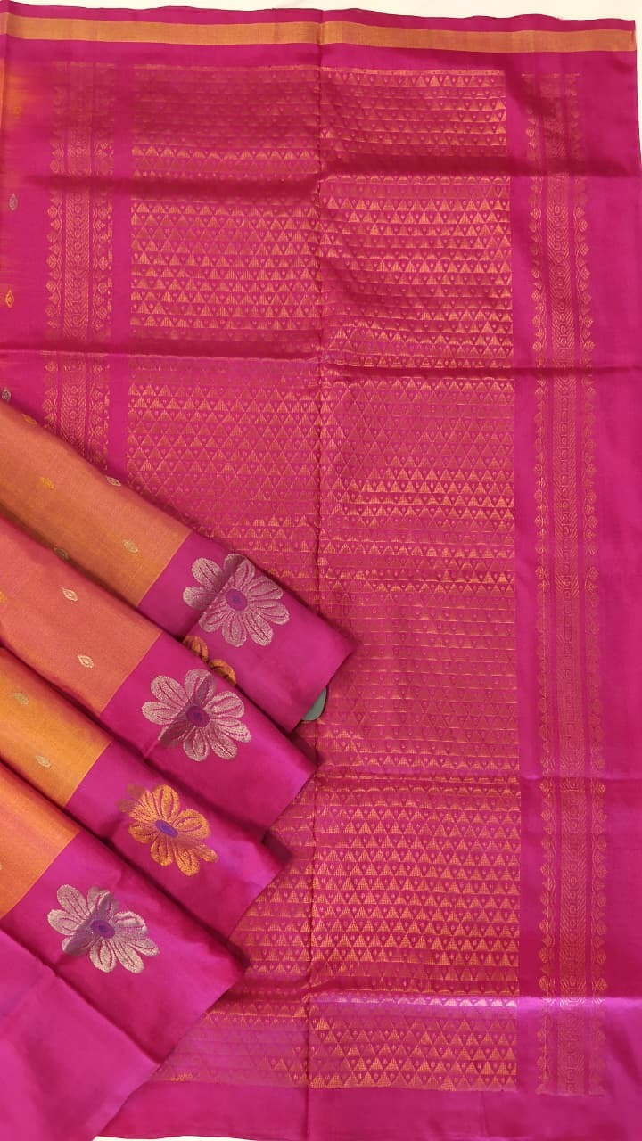 Orange & Magenta Uppada Silk Saree with Heavy Zari Pallu