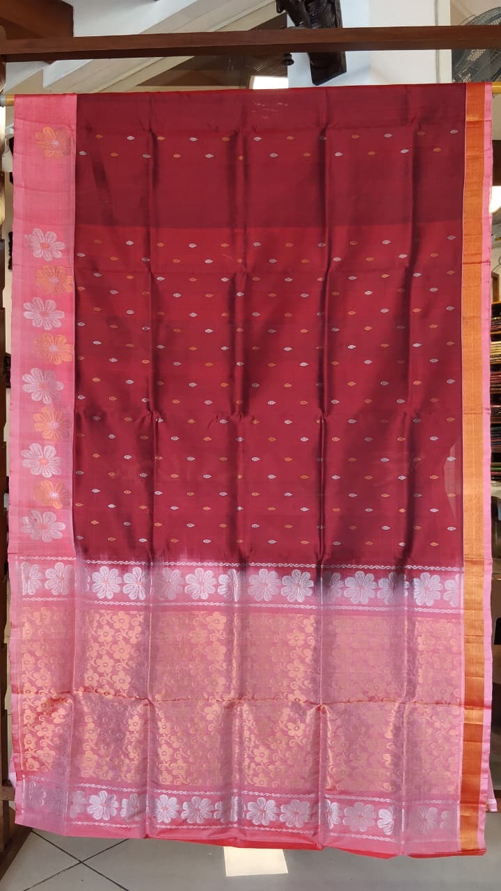 Maroon & Pink Uppada Silk Saree with Silver Floral Border