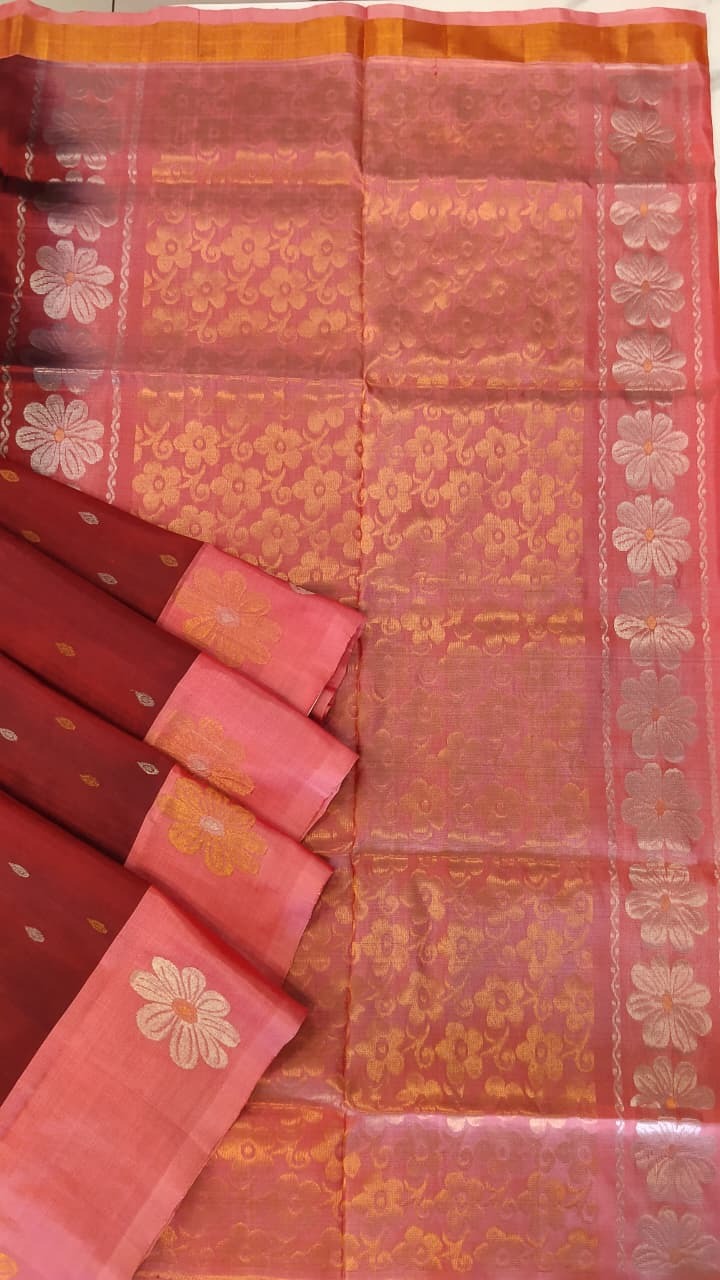 Maroon & Pink Uppada Silk Saree with Silver Floral Border
