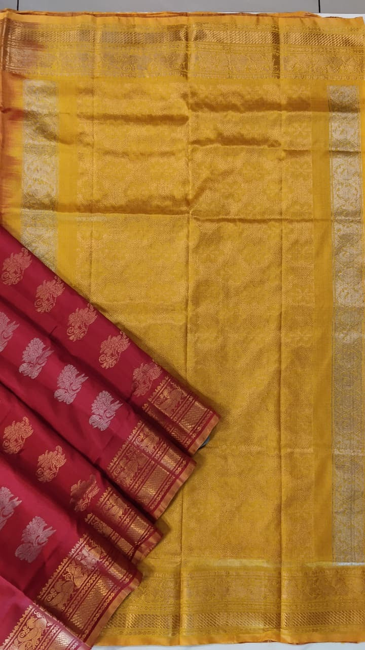 Red & Gold Uppada Silk Saree with Floral Bouquet Buttas