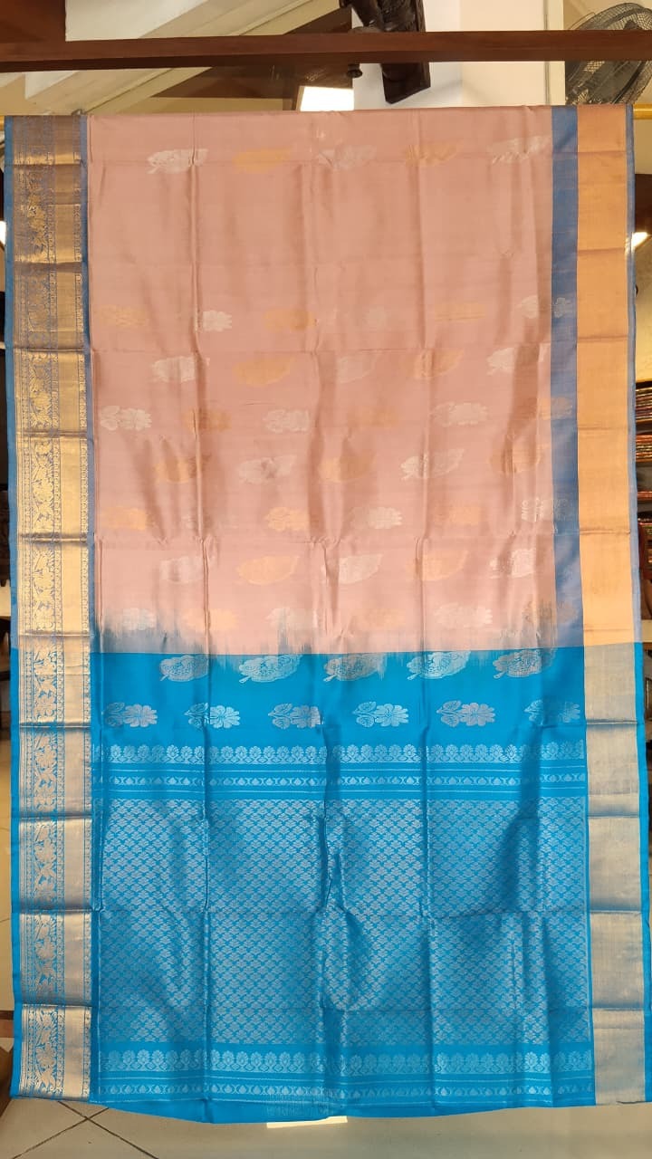 Biscuit & Teal Blue Uppada Silk Saree with Heavy Zari Pallu