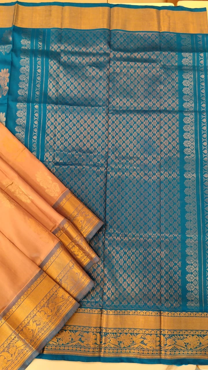 Biscuit & Teal Blue Uppada Silk Saree with Heavy Zari Pallu