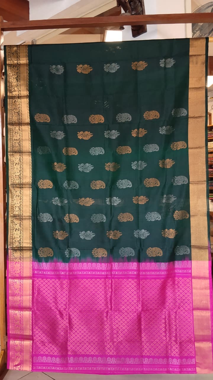 Dark Green & Pink Uppada Silk Saree with Gold Zari Border
