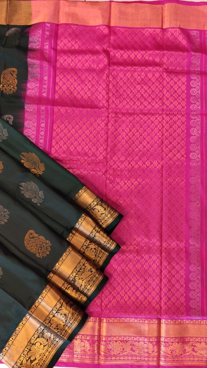 Dark Green & Pink Uppada Silk Saree with Gold Zari Border