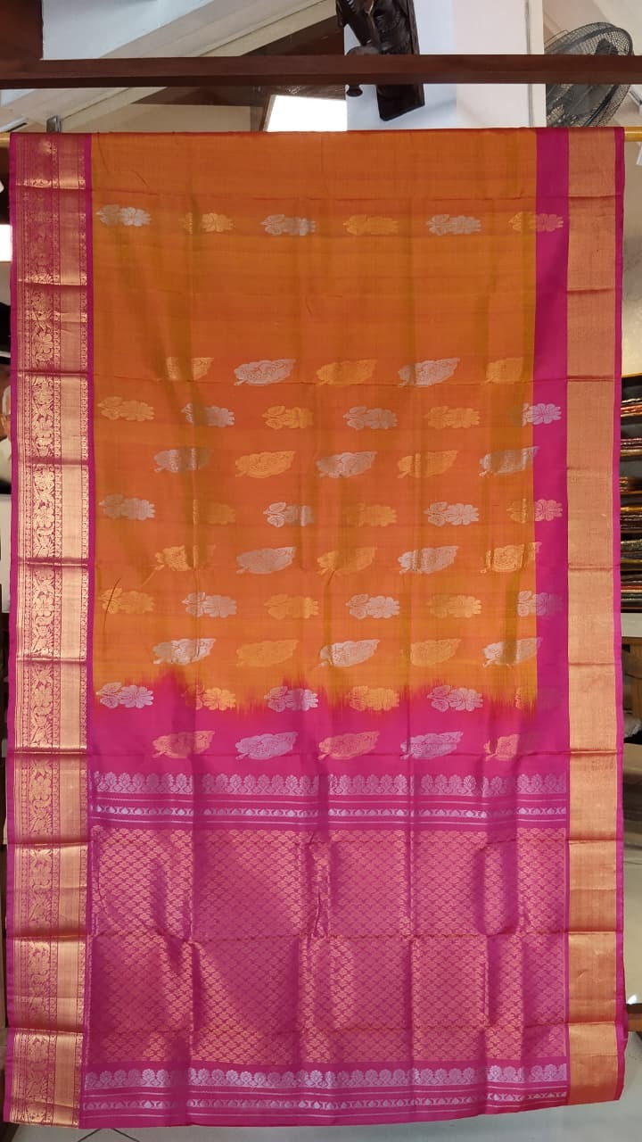 Orange & Pink Uppada Silk Saree with Gold Zari Border