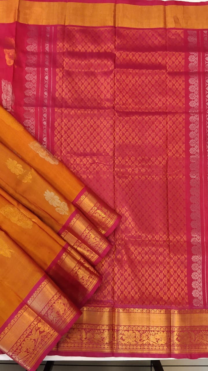 Orange & Pink Uppada Silk Saree with Gold Zari Border