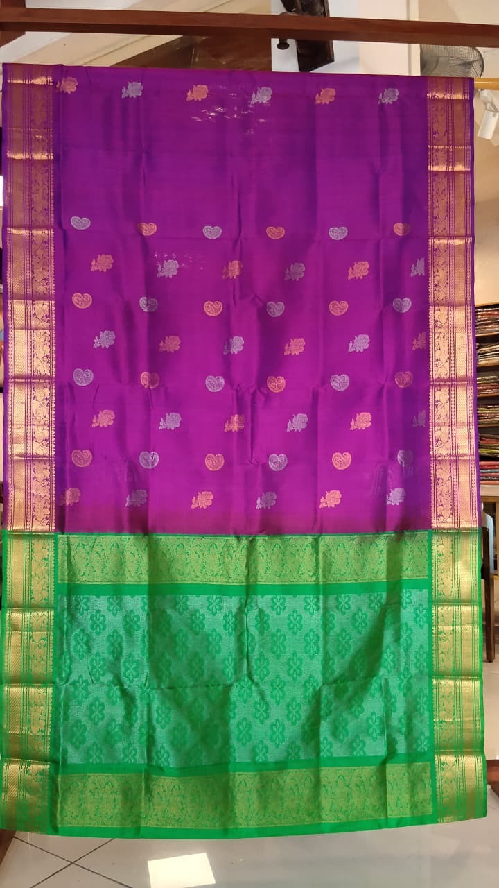 Purple & Bottle Green Uppada Silk Saree with Gold Zari Border