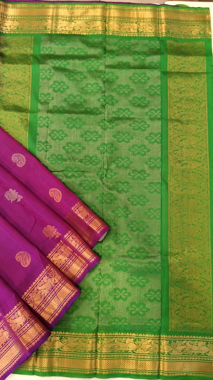 Purple & Bottle Green Uppada Silk Saree with Gold Zari Border