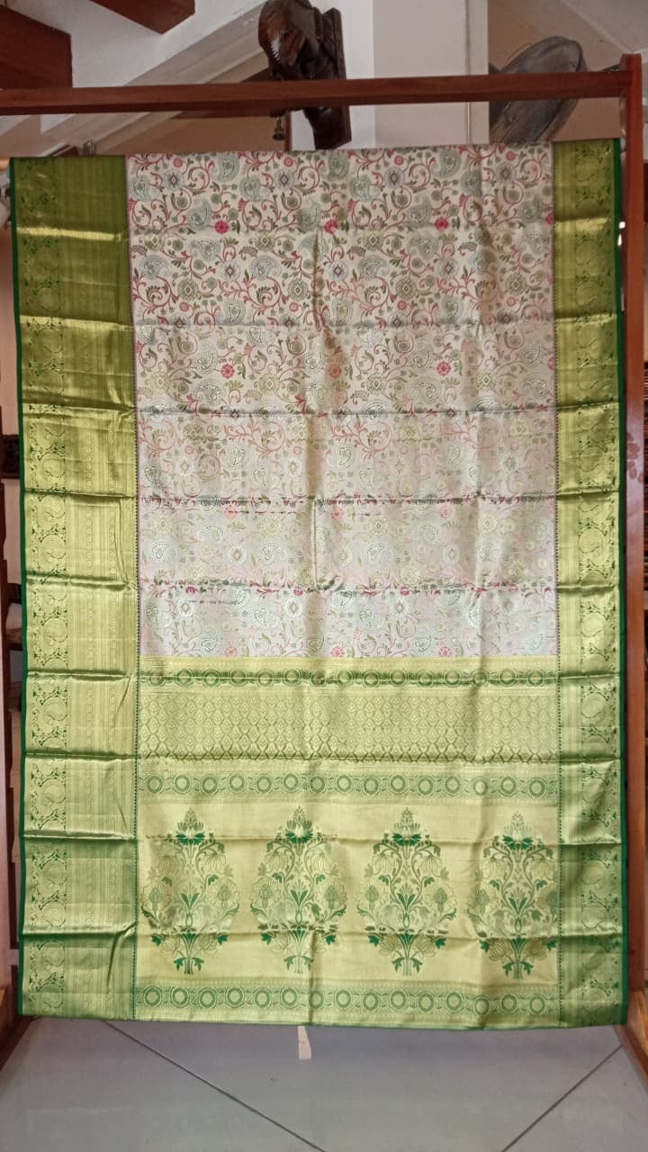 Gold & Green Kanchipuram Silk Saree with Floral Paisley Zari Weave